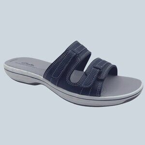 WOMEN`S CLARKS CLOUDSTEPPERS BREEZE PIPER SLIP ON SANDALS SIZE 9 M Navy Marine